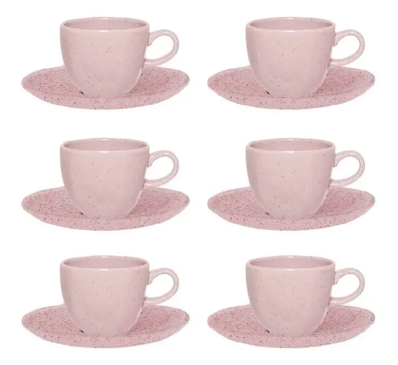✨Conjunto De 6 Xícaras Grandes Com Pires Ryo Pink Sand 77360 220ml Rosa Claro Oxford