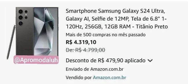 ✨ Smartphone Samsung Galaxy S24 Ultra, Galaxy AI, Selfie de 12MP, Tela de 6.8" 1-120Hz, 256GB, 12GB RAM - Titânio Preto
