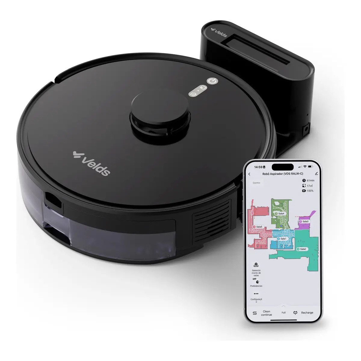 ✨ Robô Aspirador de Pó Velds 3 em 1 – Varre Aspira e Passa Pano com Mapeamento via App e Sensor Antiqueda, Preto