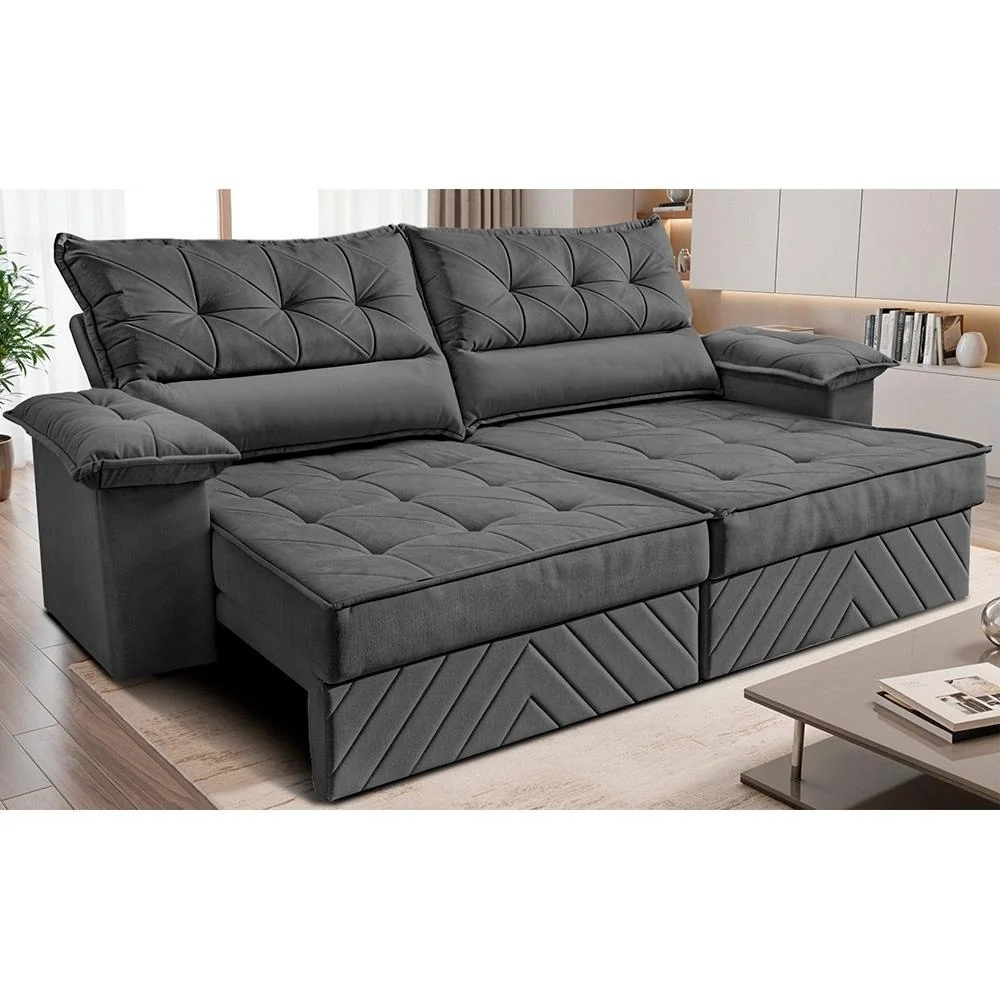 ✨Sofá Retrátil e Reclinável 2,40m com Molas e Espuma D33 Thunder Velusoft Cinza Cama inBox