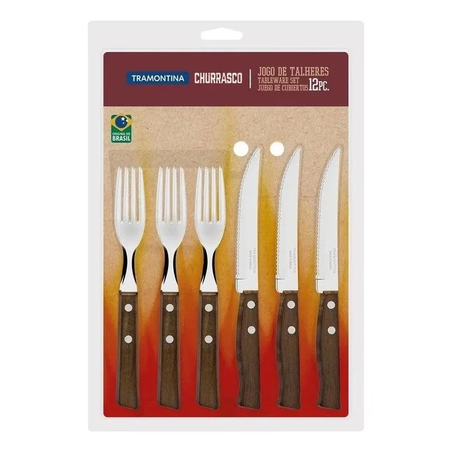 ✨ Jogo De Talheres Para Churrasco Com Lâminas De Aço Inox E Cabos De Madeira Natural 12 Peças Marrom Tramontina