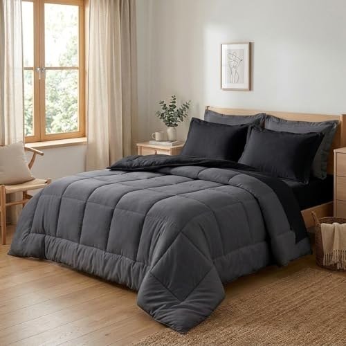 ✨ Edredom Kit Roupa de Cama 6 Peças Dupla Face Lençol e Fronha Completo Com Elástico Casal Queen (Preto e Cinza)