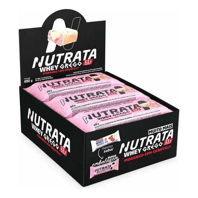 ✨ Barra Whey Grego 40g Display com 12 unidades Morango com Chantilly Nutrata