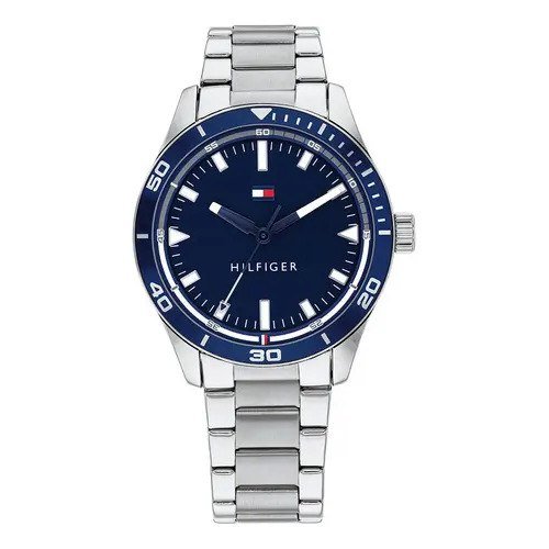 ✨ Relógio Tommy Hilfiger para homens em aço prateado 1791817, cor da moldura, azul marinho, cor de fundo, azul marinho
