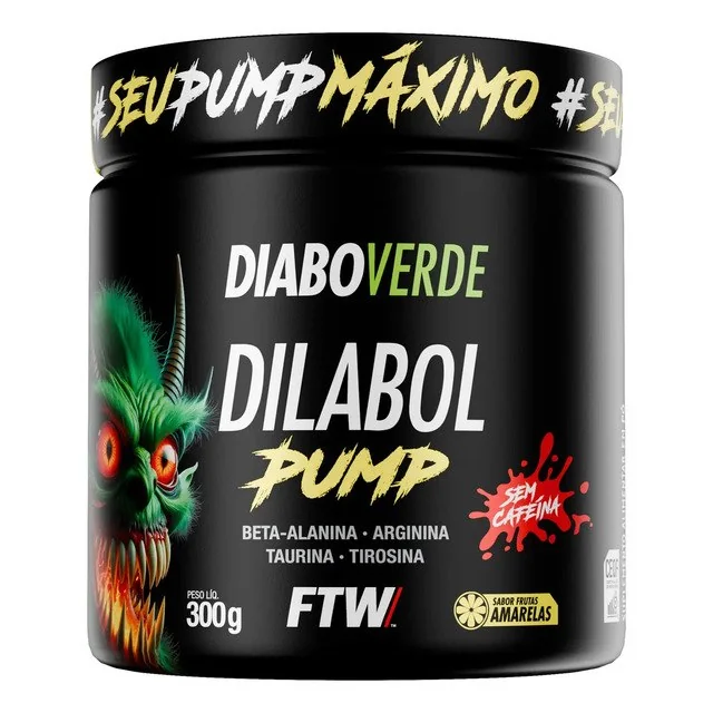 ✨Pré Treino Dilabol Pump Diabo Verde Sem Cafeína Pote 300g Sabor Frutas Amarelas - Ftw