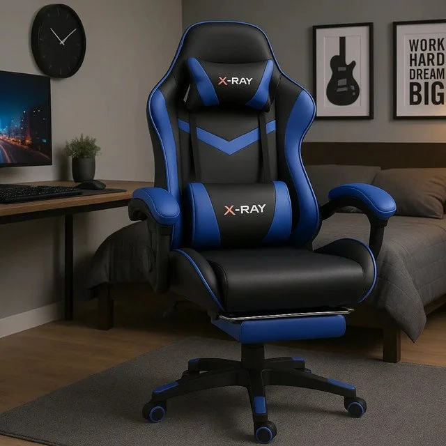 ✨Cadeira Gamer Profissional Reclinável Apoio De Pés X-ray Cor Azul Material Do Estofamento Couro Sintético