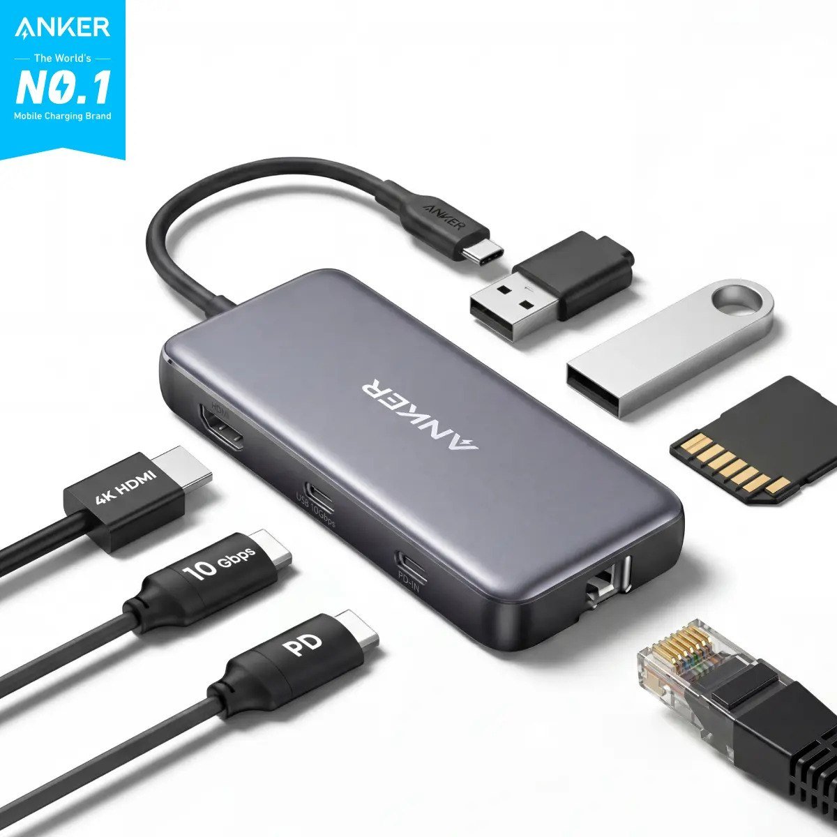 ✨ Adaptador USB-C Hub Anker 8 em 1 Transferência 100W HDMI 4K 60Hz USB-C 10Gbps & 2 USB-A Ethernet leitor de cartões de memória micro SD e SD Compatível...