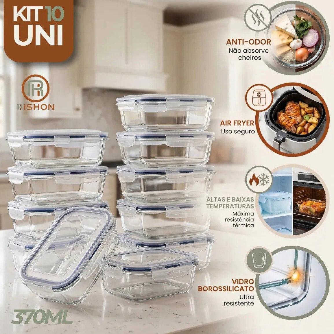 ✨ Kit 10 Pote De Vidro Marmita Hermético 370ml Freezer Fitness Rishon