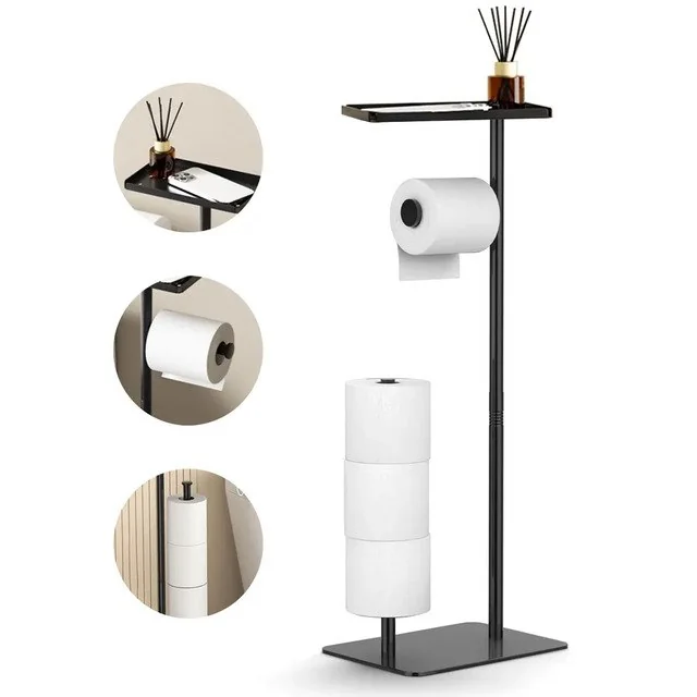 ✨Porta Papel Higiênico Chão Banheiro Multifuncional Aço Inox Preto Porta Papel Higiênico Lenço Umidecido Celular 3em1