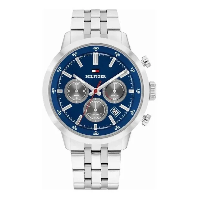 ✨ Relógio Tommy Hilfiger Kent Dual Time Th1710753 Vg, Aço Inoxidável De 43 Mm, Fuso Horário Duplo, Mostrador Azul Prateado