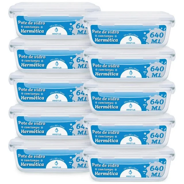 ✨Kit 10 Potes Vidro Hermético Aristus 640ml Marmita Anti Vazamento Forno Micro-ondas Freezer Tampa 4 Travas - Branco
