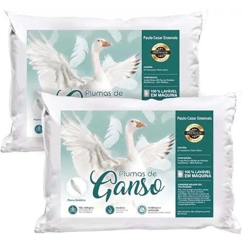 ✨ Kit 02 Travesseiros Toque de Pluma Pena Medio Percal 180 Fios com Algodão 70x50cm Antiestresse, Lavável, Antiácaro, Antialérgico