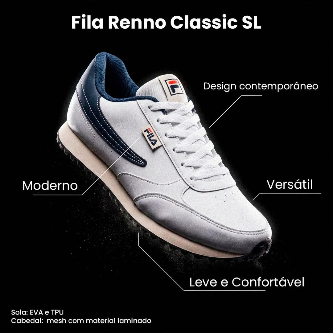 ✨ Tênis Fila Renno Classic Sl Masculino Leve Confortável Branco/marinho/vermelho Liso 40 Br