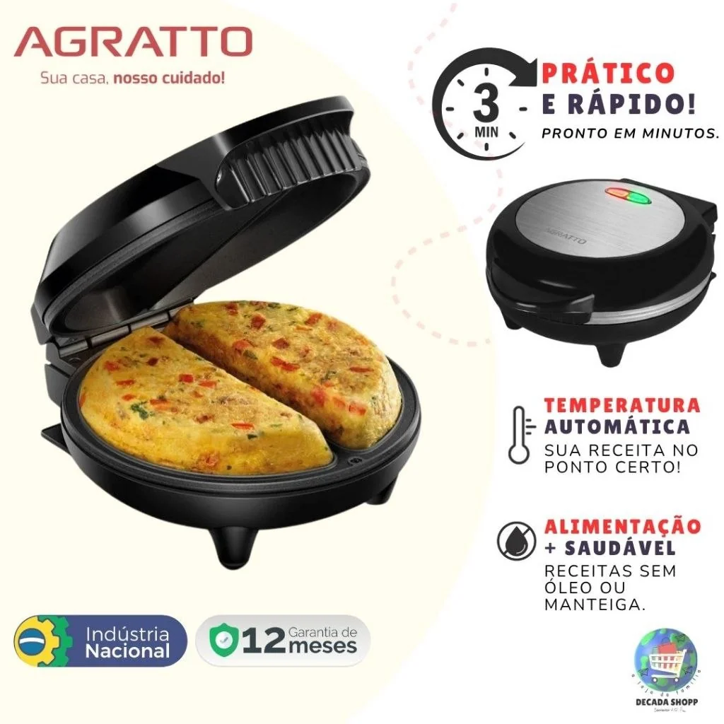 ✨Omeleteira Elétrica Agratto 127V/220V Antiaderente 800W Inox Dupla Luz Piloto Porta Fio - 2 Omeletes