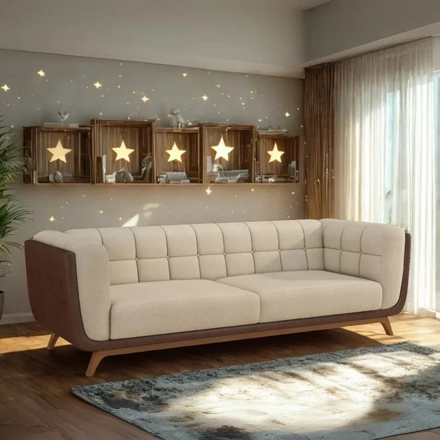 ✨ Sofá 3 Lugares Pés Madeira Bouclê Off-white E Corino Marrom Bege Boucle/couro Sintetico