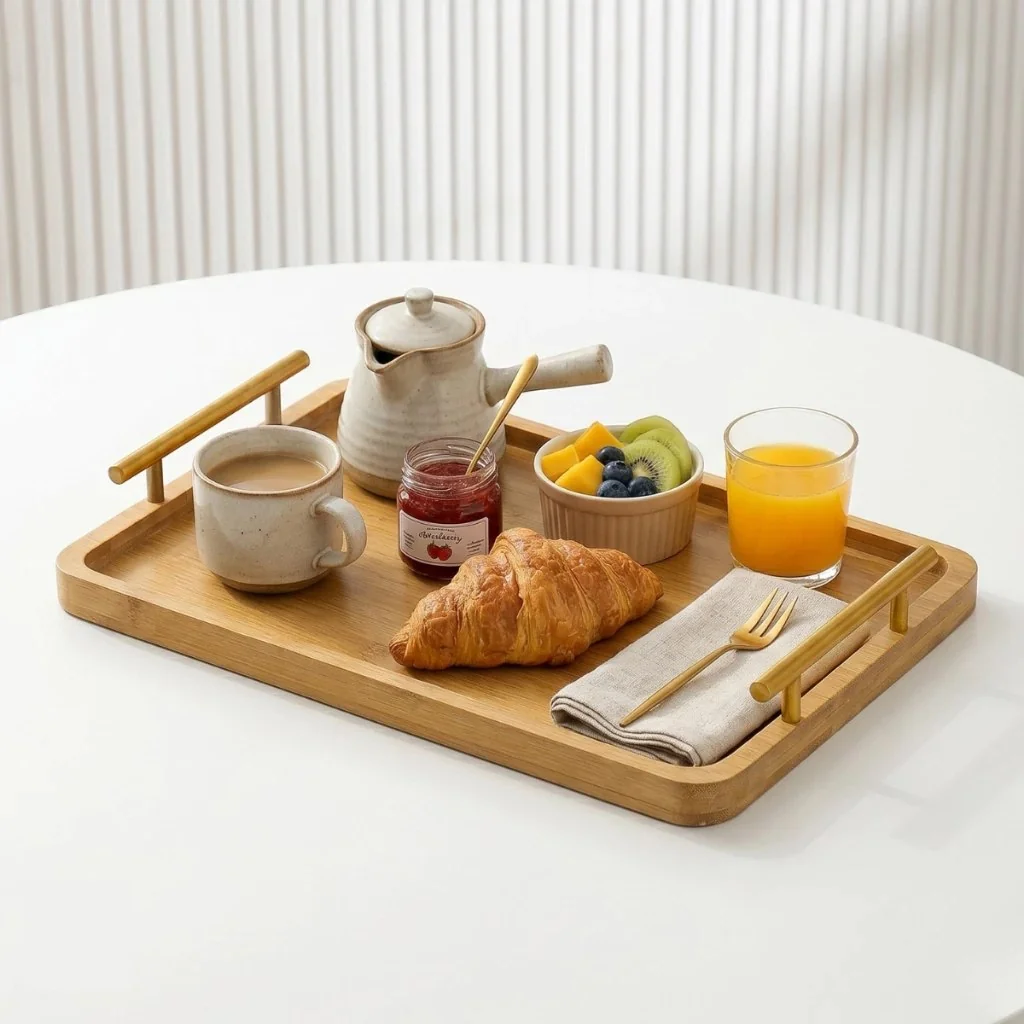✨35x24x2cm Bandeja Bambu Alça de Metal，Multiuso Decoração Porta Copos Chá Petisqueira