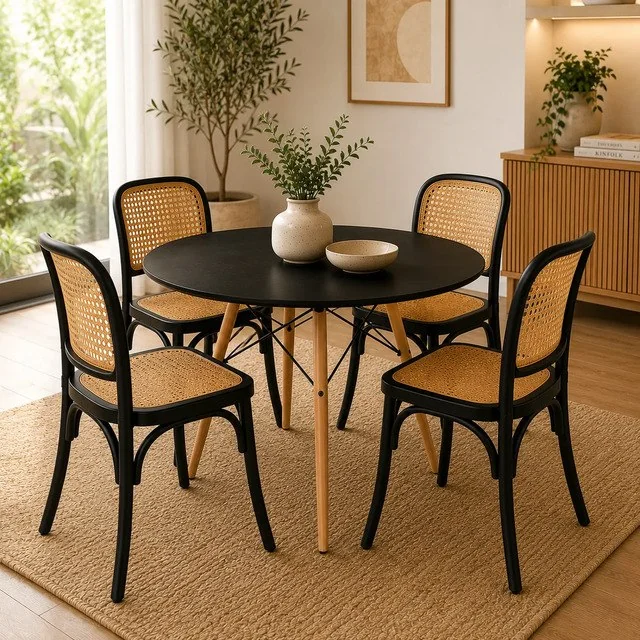 ✨ Conjunto Mesa Jantar 90cm 4 Cadeiras Amis Rattan Seat&co Preto E Bege Telinha