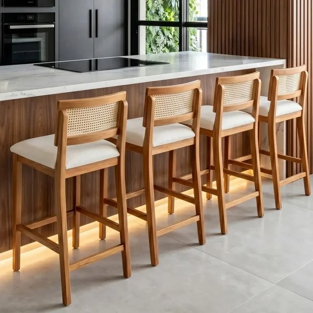 ✨Banqueta Luxo Madeira Maciça Eucalipto Linho Bege Altura 97cm Verniz Off-white/natural