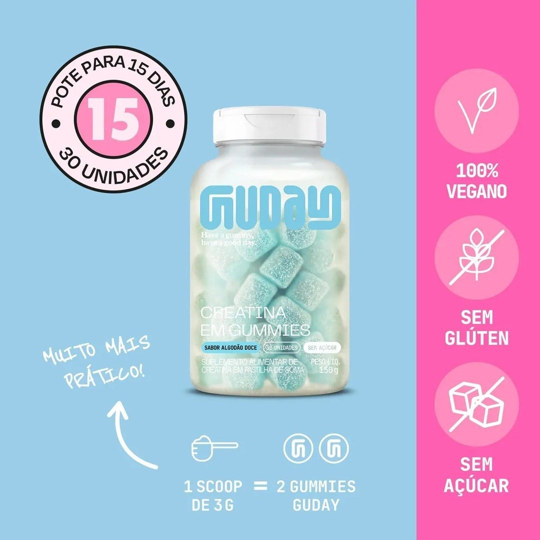 ✨ Guday - Creatina Em Gummy Sabor Algodão Doce - 30 Unidades