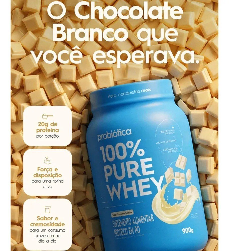 ✨ 100% Pure Whey 900g Pote Sabores Novos - Probiótica Chocolate Branco