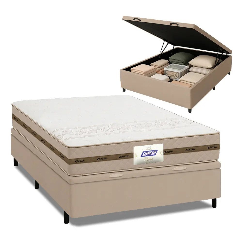 ✨ Cama Box Baú Casal Colchão Gazin Molas Flora Bege 138x188x63cm