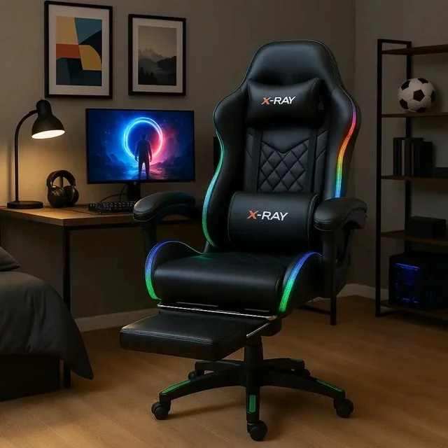 ✨Cadeira Gamer E Escritório X-ray Fit Com Led Rgb Ergonômica Cor Preta Material Do Estofamento Couro Sintético