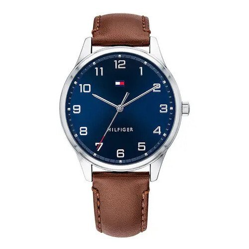✨ Relógio Tommy Hilfiger 1791659 Cor de malha original: cor de moldura marrom, cor de fundo prateada, cor de fundo azul