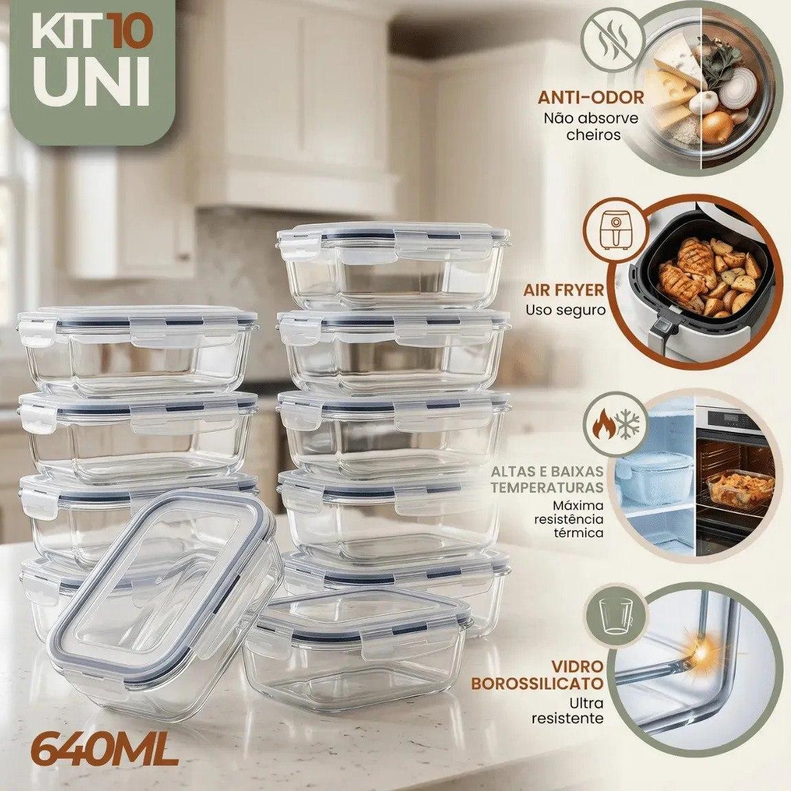 ✨ Kit 10 Pote De Vidro Marmita Hermético 640ml Freezer Fitness Rishon