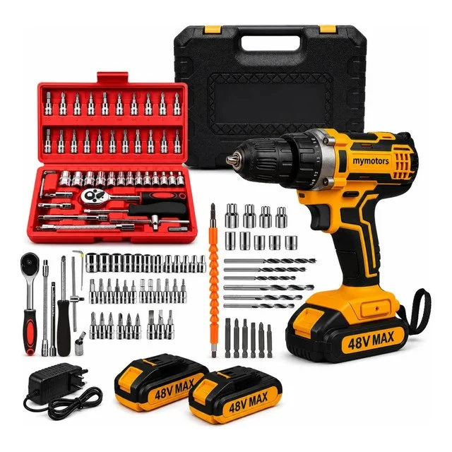 ✨ Parafusadeira Furadeira De Impacto 2 Baterias + Kit 46 Peças Amarelo 127/220v 50hz/60hz
