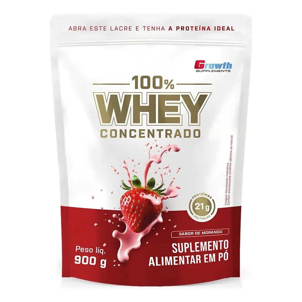 ✨ 100% Whey Concentrado 900g Growth Supplements Morango