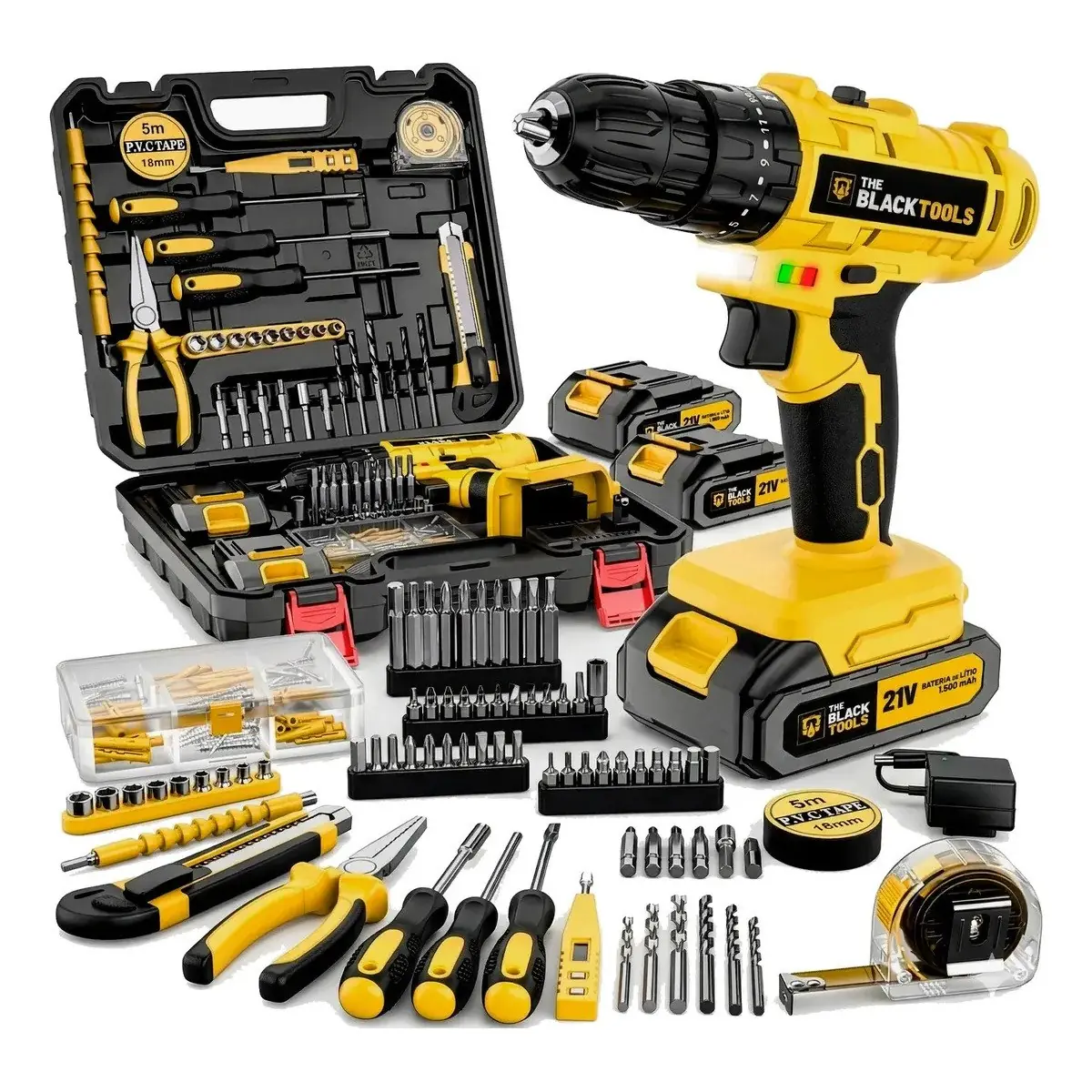 ✨ Parafusadeira Furadeira De Impacto The Black Tools Profissional 2 Baterias Com Maleta + Kit Acessórios 134 Peças Tbkit20