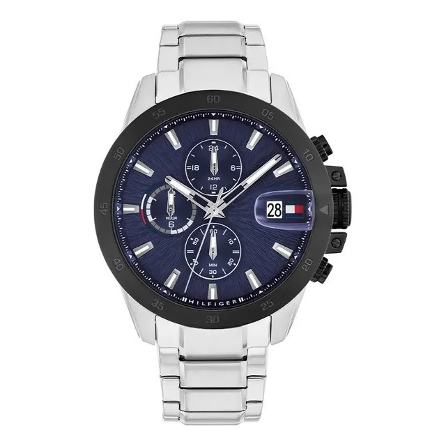 ✨Relógio Masculino Tommy Hilfiger Th1792198 Silver Dylan Bezel Preto Azul Fundo Prateado