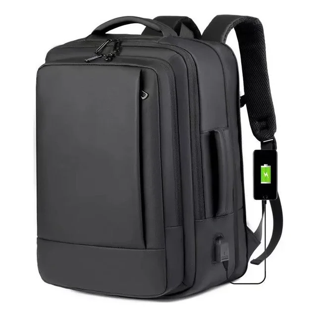 ✨Mochila Dos Homens Com Faixa Impermeável Para Expansão Preto Liso