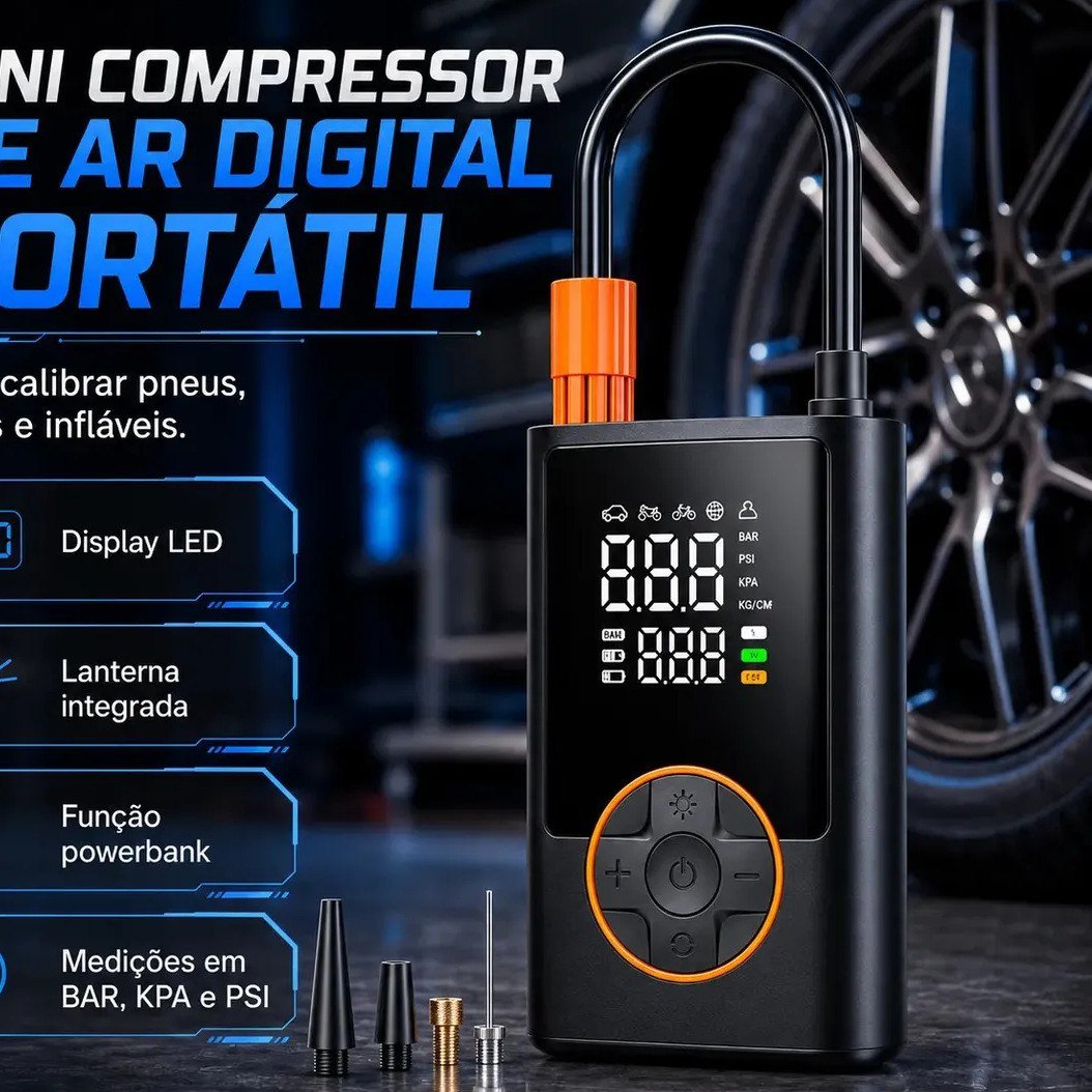 ✨ Compressor Portátil Car Air Pump Digital Com Visor Para Carro Moto Bike Calibrador De Pneu Multifuncional