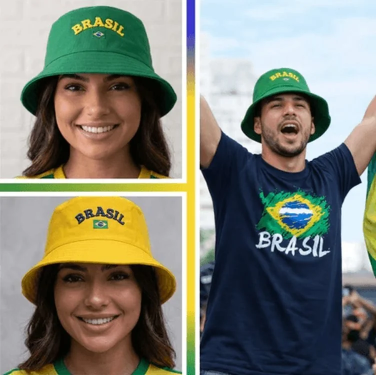 ✨Chapéu Bucket Hat Brasil Bordado Copa do Mundo Chapéu Pescador Unissex Verde Amarelo Torcida