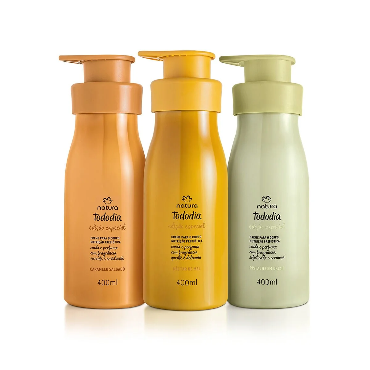 ✨Kit Tododia Creme Desodorante Nutritivo para o Corpo Pistache, Caramelo Salgado e Néctar de Mel 3 produtos de 400 ml