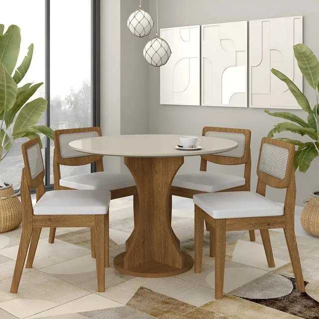 ✨Conjunto Mesa Redonda De Jantar 4 Cadeiras Mdf Freijó/off Premium Freijó/off Premium/corino Bran