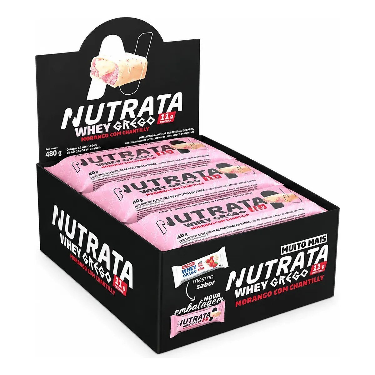 ✨ Barra Whey Grego 40g Display com 12 unidades Morango com Chantilly Nutrata