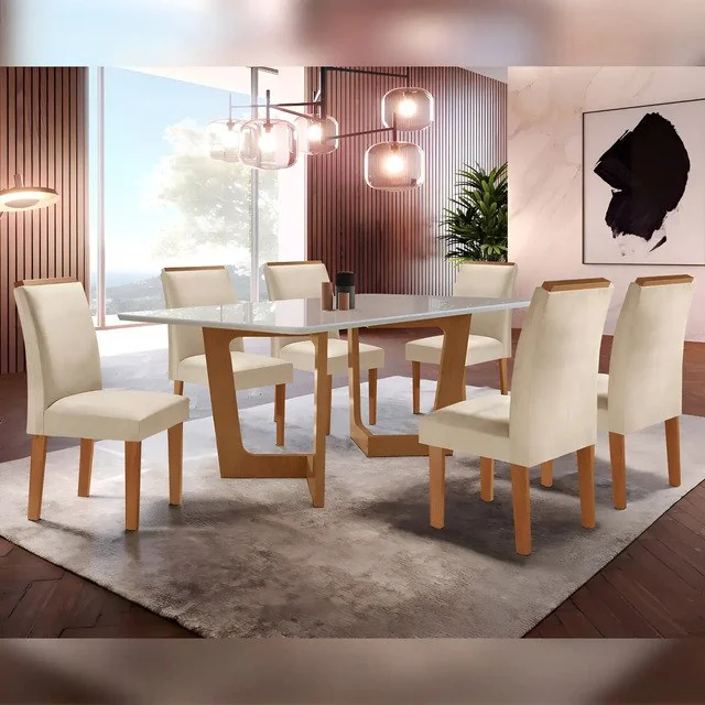 ✨Conjunto Sala De Jantar Nápoles Tampo Vidro/mdf Com 6 Cinamomo/off White/bege