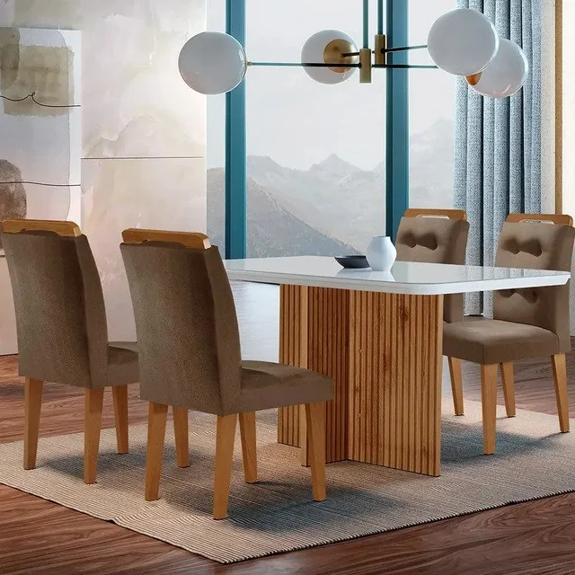 ✨ Sala De Jantar Olímpia Mdf E Vidro Com 4 Cadeiras Carol Cor Marrom/off White/imbuia