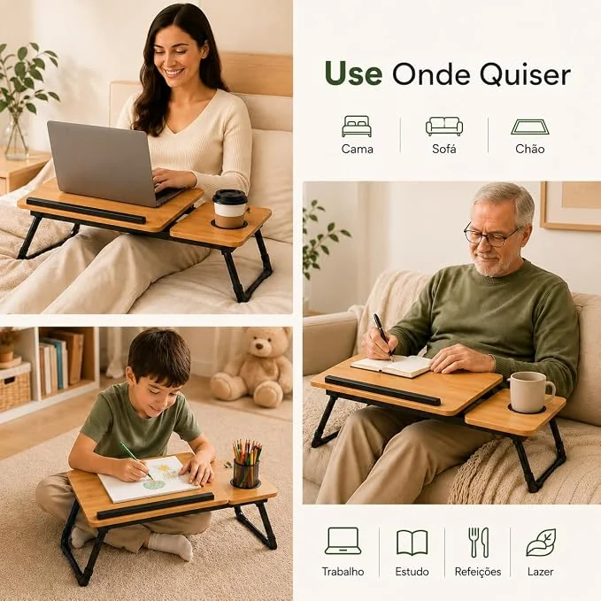 ✨ Mesa para Notebook,Mesa Portátil e Dobrável, Ajuste de Ângulo,Com Porta-Copos, 56x33CM, Ideal Para Cama, Sofá e Escritório para Apoio de Notebook