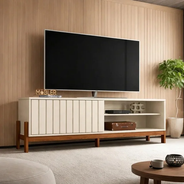 ✨Rack Bancada Para Tv Até 75 Aurora 1.8 Mobler '''' Cor Pérola Metalizado/cinamomo Mel