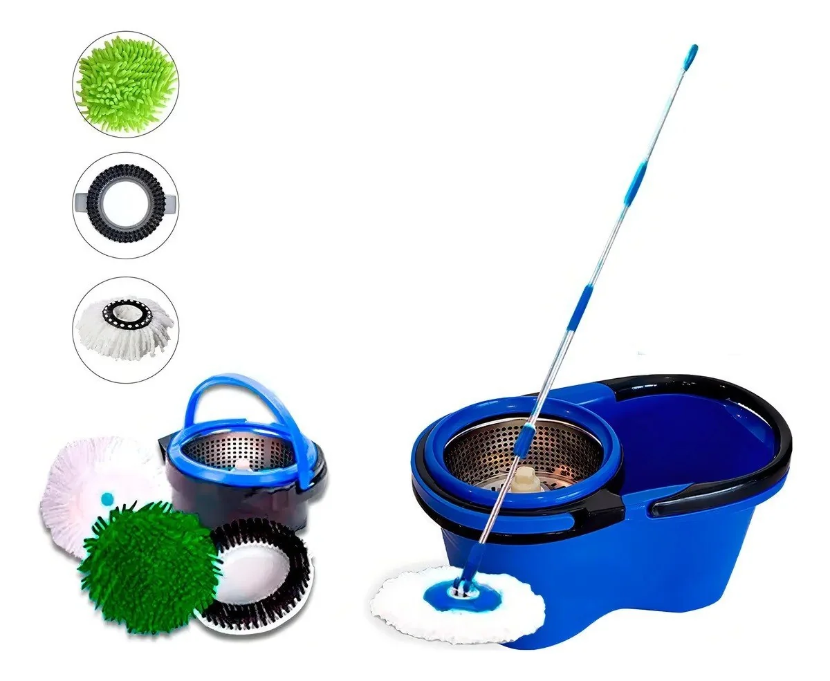 ✨Esfregão Perfect Pro Mop 360° Balde Inox Cabo Longo Microfibra 16l Azul