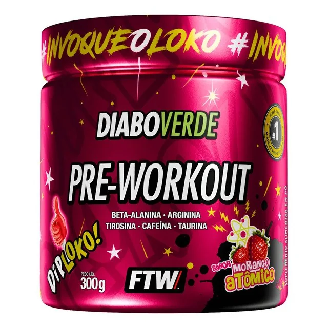 ✨ Suplemento Em Pó Pre Treino Dip Loko! 300g Sabor Morango Atômico Ftw - Diabo Verde