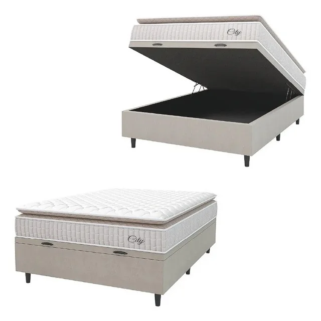 ✨Cama Box Baú Colchão Casal Molas Ensacadas City Pillow Top 138x188x64cm Branco E Bege Hellen Branco/bg