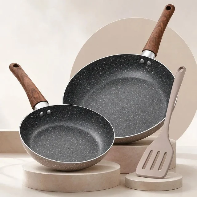 ✨Kit Frigideiras Antiaderente Em Revestimento Cerâmica Nhame 20 E 24cm Com Espátula Para Fogão De Indução E Gás Cinza Granito - Livre Pfoa