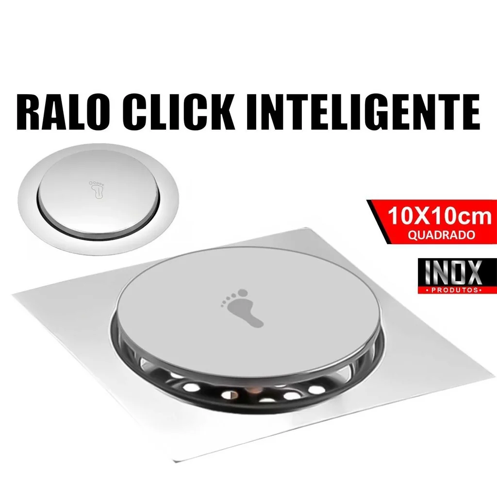 ✨Ralo Click Inteligente 10x10 Cm Quadrado Redondo Inox Cromado - Veda Cheiro Banheiro Casa Cozinha