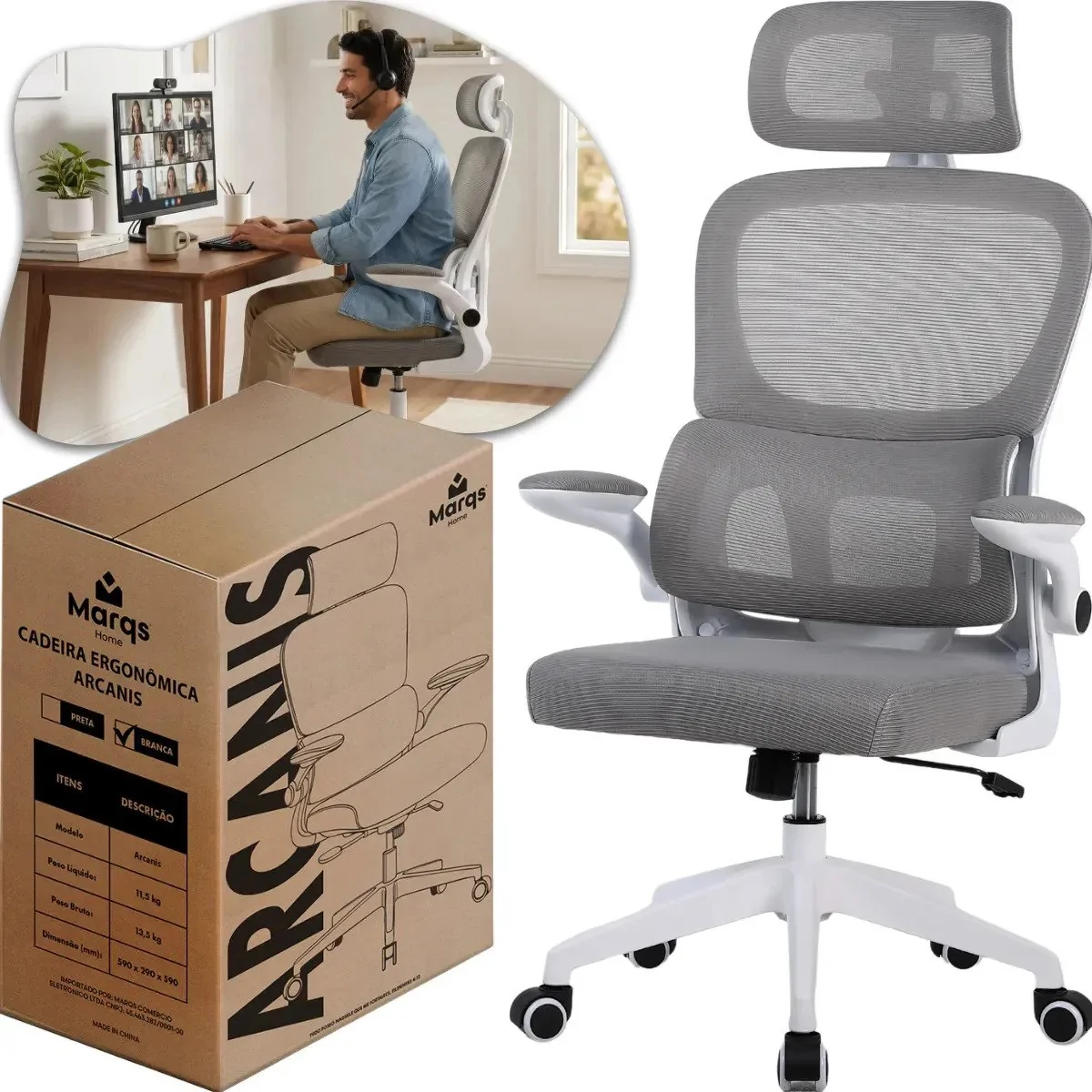 ✨ Cadeira Escritório Presidente Ergonômica NR17 Marqs Home Arcanis Cinza com Apoio Lombar e Encosto Mesh Premium