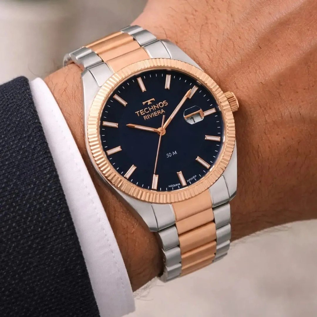 ✨ Relógio Technos Riviera Masculino Aço Inoxidável Vidro Calendário Resistente 50m