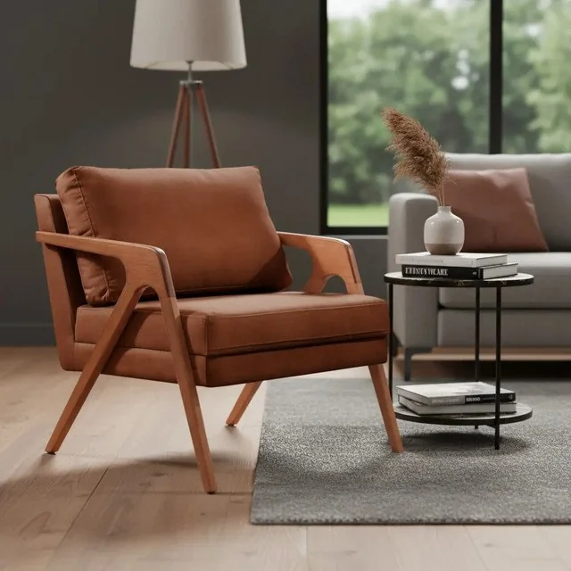 ✨Conjunto - 2 Poltronas Mona Luxo Madeira Maciça Castellar Cor Corino Caramelo
